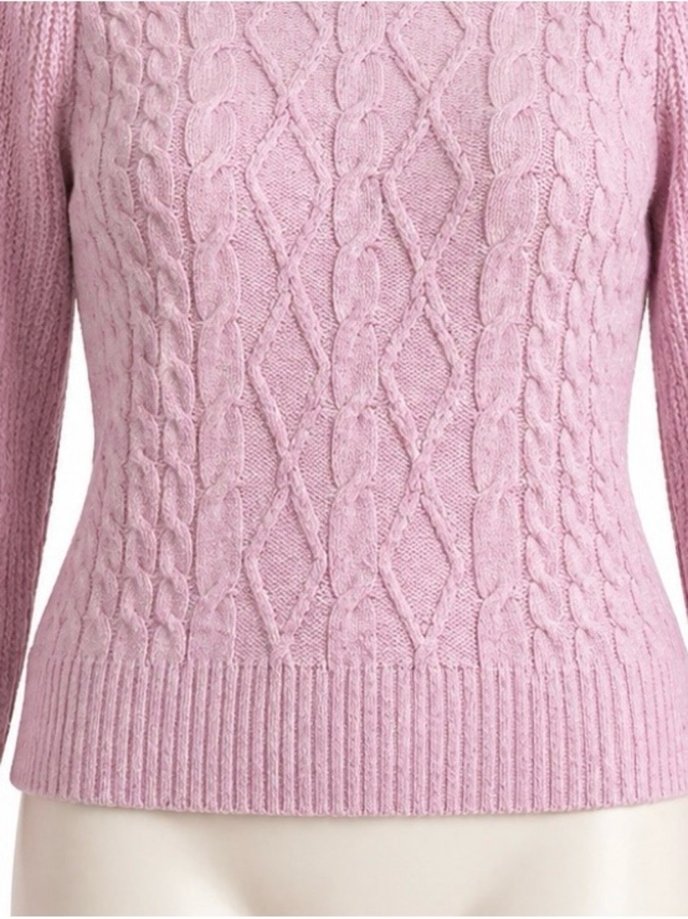Crown & Ivy Pink Cable Knit Sweater Women’s Large Puff Sleeve Crewneck - Picture 6 of 10